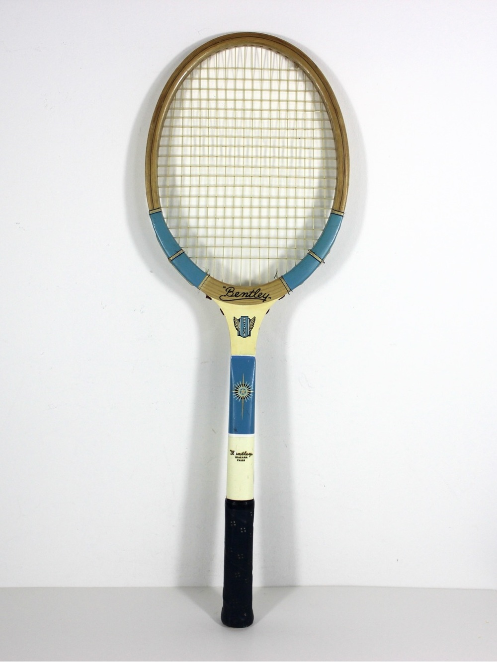 Vintage Blue and White Wooden Tennis Racket for Designer Decorating Wood Racquet
